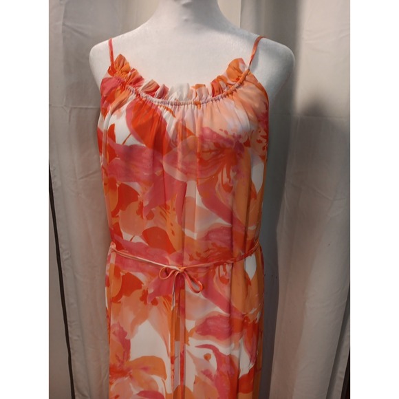 Nicole Miller Tropical Sheer Tiered Maxi Dress  Belted Floral Boho XS - Picture 2 of 13